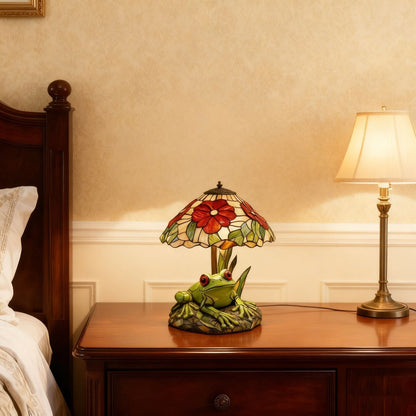 Table Lamp with 3D Frog Base, Floral Art-Glass Shade and Single Corded Decorative Design for Bedside Decor