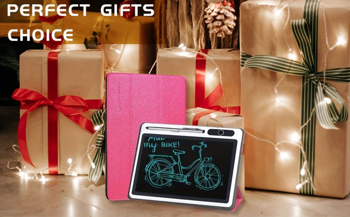 10.1-Inch Pink LCD Writing Tablet with Folding Protective Case, Stand Position and Included Stylus