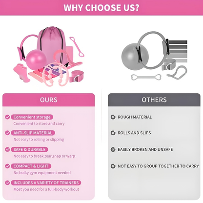 Pink 13-Piece Pilates Ring and Resistance Band Set with Ball, Socks, Straps and Drawstring Bag