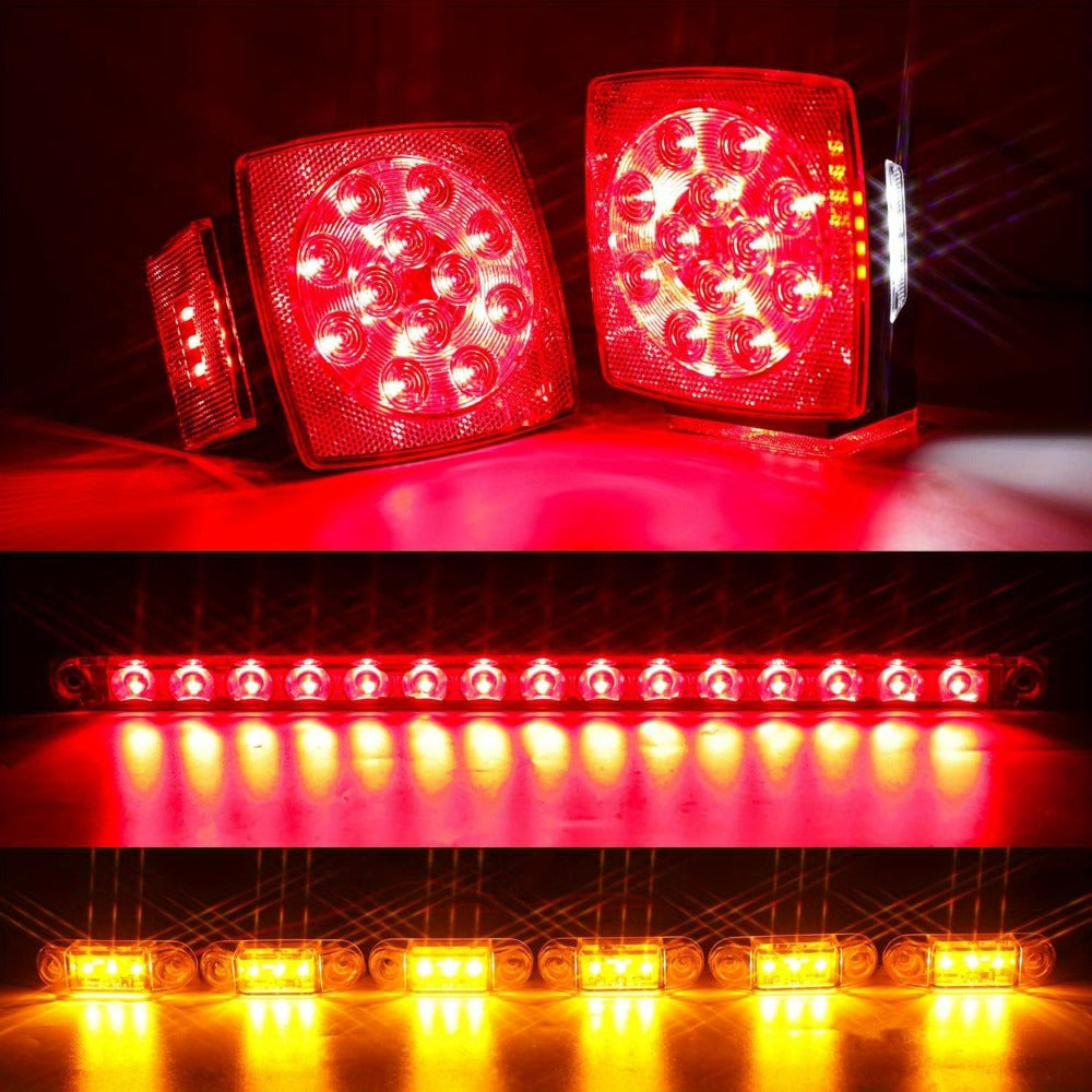 LED Trailer Light Kit with Wire Harness – Tail Lights, Amber Marker Lights & Brake ID Bar, 12V, Fits Boat Trailer Camper Truck Snowmobile Semi