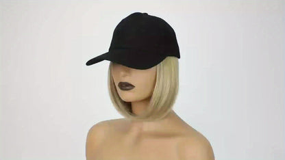 Baseball Cap with Attached 12-Inch Straight Bob Hairpiece in Style4, Black, 613 or 107 Checkout Options