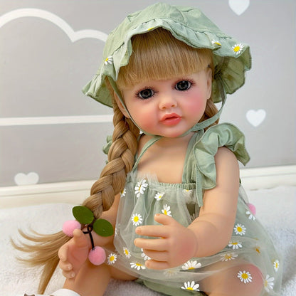 Reborn Baby Doll 22-Inch Full Vinyl Design with Long Blonde Hair, Open Eyes, Green Outfit and Accessories