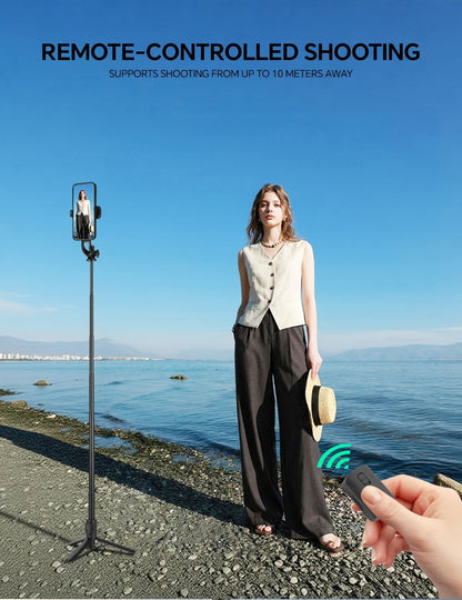 Black Selfie Stick Tripod with Telescoping Pole, Rotating Phone Clamp, Fold-Out Base and Remote