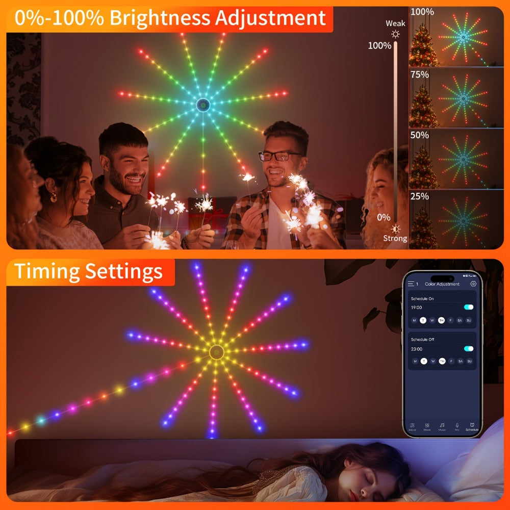 RGB Firework LED Light Strip Wall Array with Central Hub, Radiating Branches, App and Infrared Remote