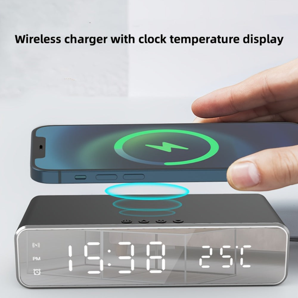 Wireless Charging Alarm Clock with Black or Silver-Tone Housing, Digital Time Display and Top Charging Surface