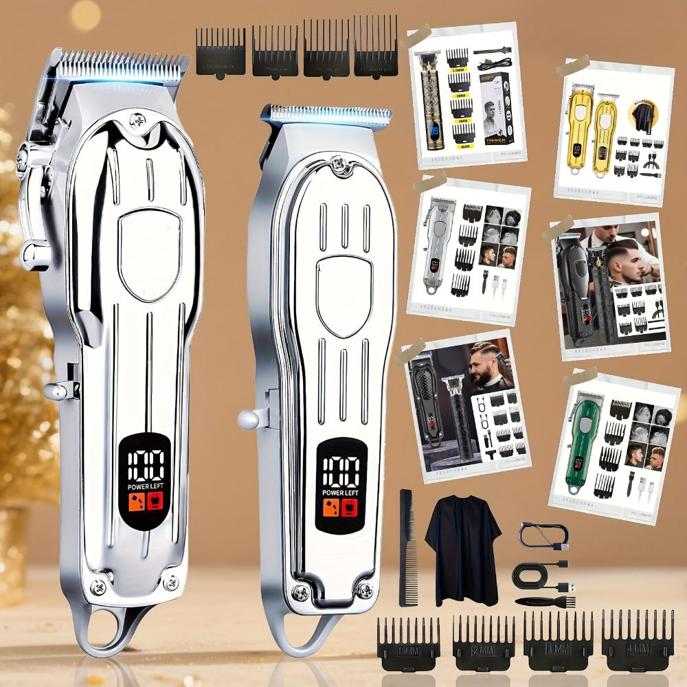 Hair Clipper Cordless Metal-Body Set with LCD Battery Display and Single or Two-Piece Color Options