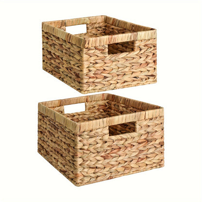 Seagrass & Water Hyacinth Storage Basket with Built-in Handles - Hand-Woven Square Wicker Bins for Bedroom Bathroom Pantry Shelves, Multiple Styles