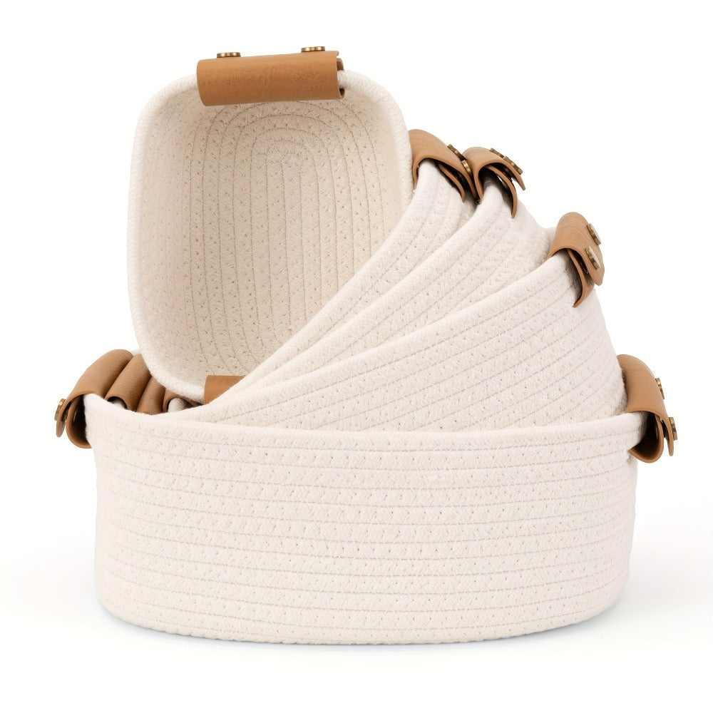 Cotton Rope Storage Baskets Set of 5 with Leather Handles in Four Color Options for Home Organization