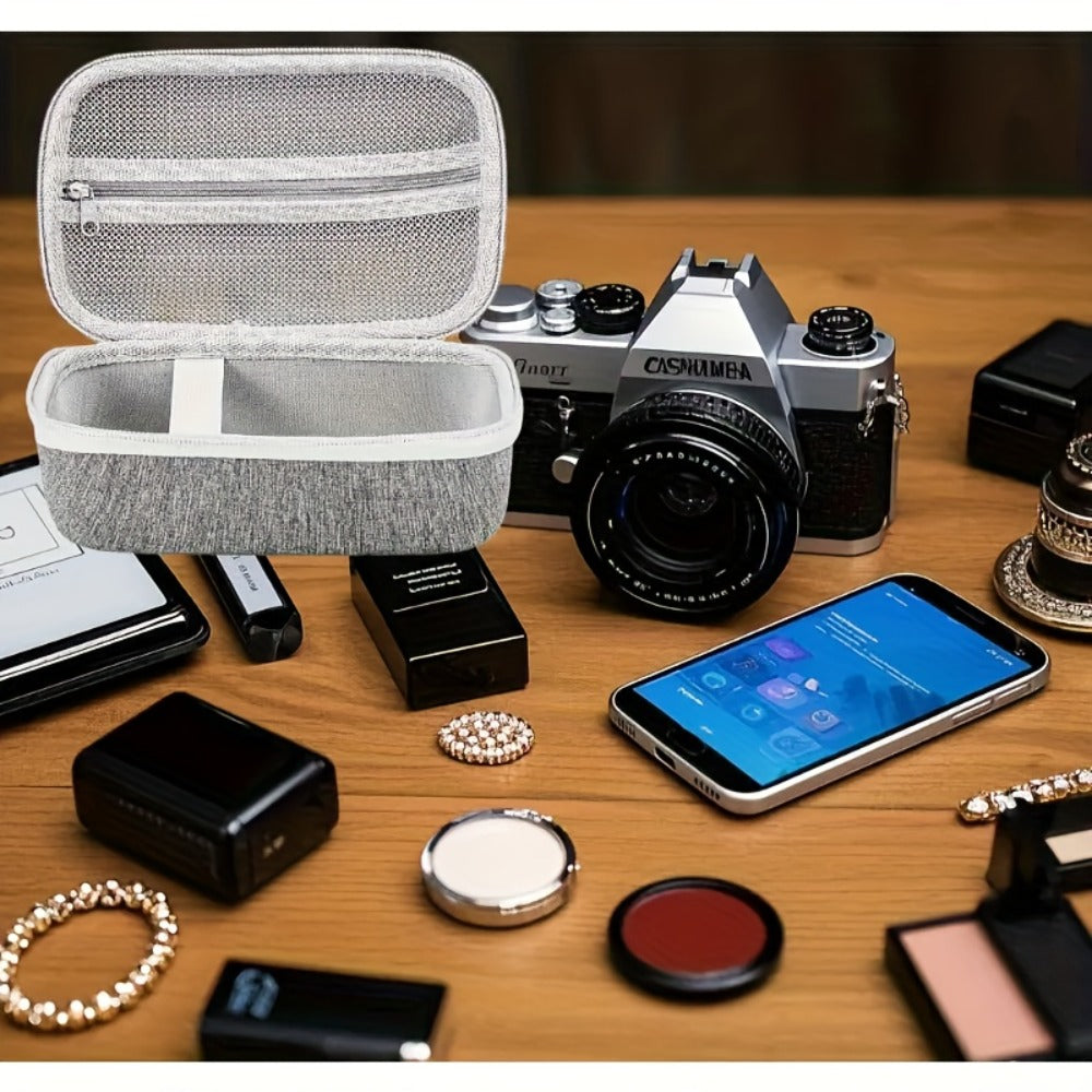 Gray Zip Storage Case with Carry Strap, Mesh Pocket and Removable Dividers for Small Beauty Devices