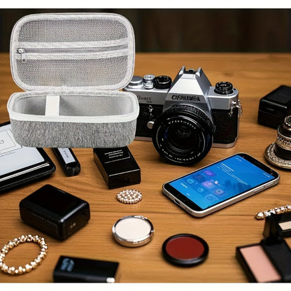 Gray Zip Storage Case with Carry Strap, Mesh Pocket and Removable Dividers for Small Beauty Devices