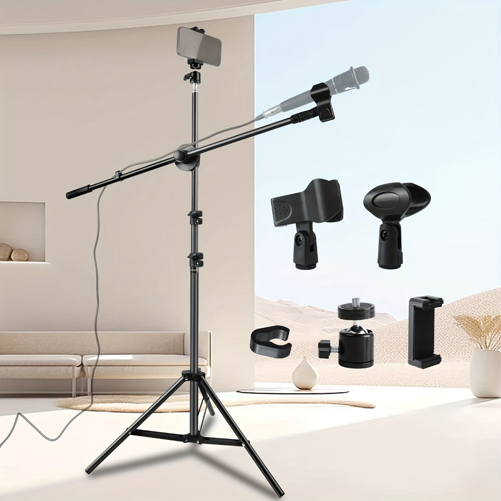 Adjustable Tripod Microphone Stand with Boom Arm Floor Mount Metal Mic Stand Dual Mic Clips Phone Holder for Live Performance Wedding Stage Karaoke Streaming