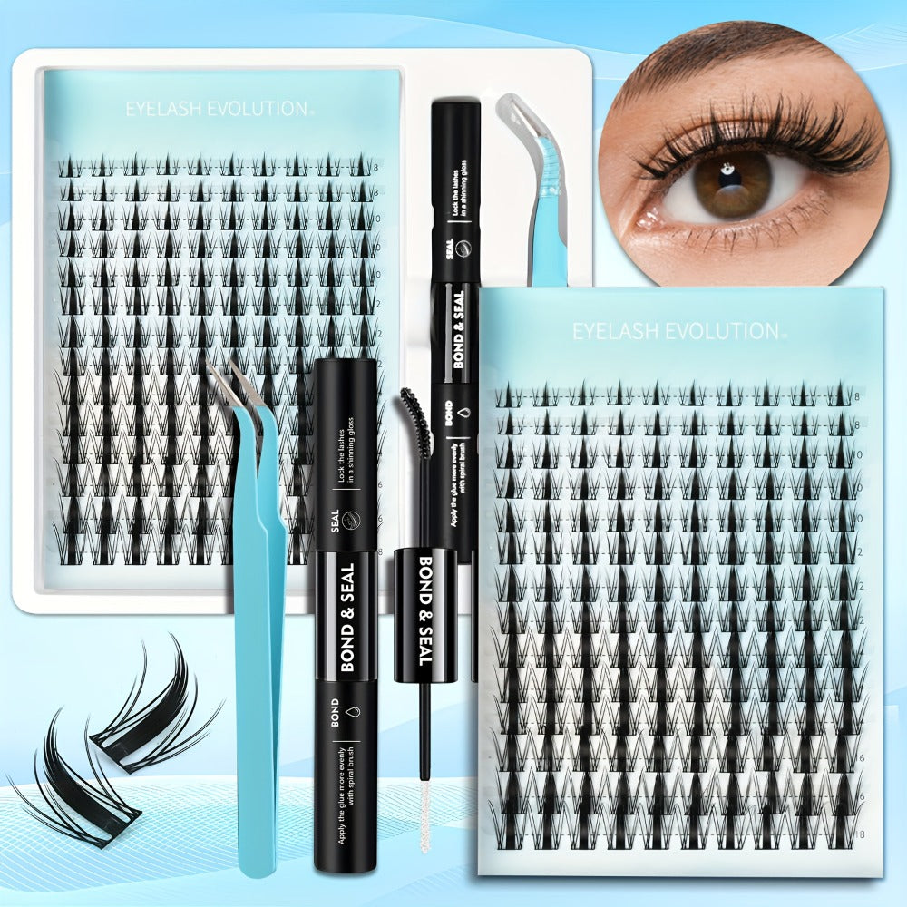 C-Curl Spike Lash Extension Kit with 140 Clusters in Mixed 8-18mm Lengths, Adhesive Tube and Curved Applicator