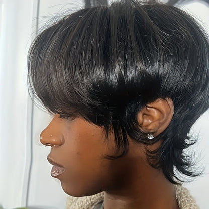 Pixie Cut Human Hair Wig with Bangs in 1B or Number 4 Color and 6 or 8 Inch Length Options