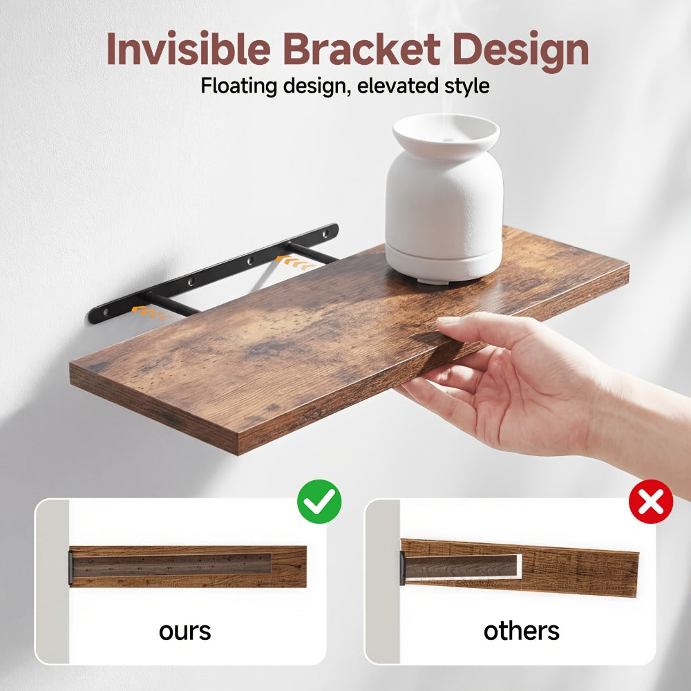 Floating Shelves for Wall 4pcs 15.8in – Wall Mounted Shelf with Invisible Bracket for Bathroom, Living Room, Bedroom, Kitchen, Office Decor | Brown, White, Black
