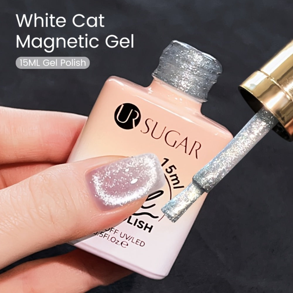 White Glitter Cat Eye Gel Polish Set 2pc Sparkling Magnetic with Stick Included | Soak Off UV LED 0.51oz Each Semi-Permanent 3D Nail Art | Salon & Home DIY Manicure Kit for Women Beginners