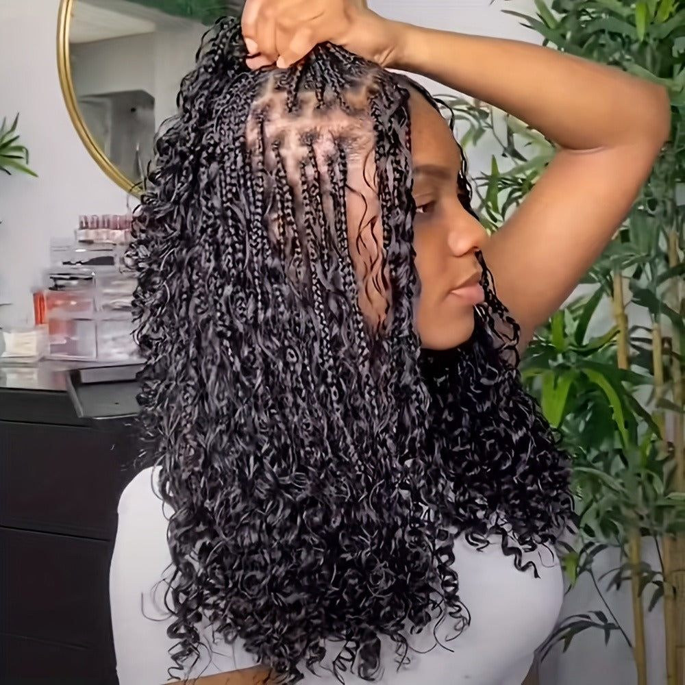 Goddess Braided Wig Knotless Bohemian Square Braid Full Lace Curly Wave 14-16 Inch Black Burgundy Brown Natural Hairline Protective Style Synthetic Wig for Women