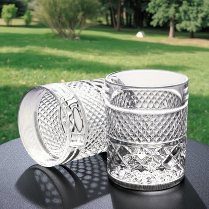 Single Embossed Whiskey Tumbler with Square Rim, Diamond-Cut Pattern and Thick Clear Base for Home Bar Service
