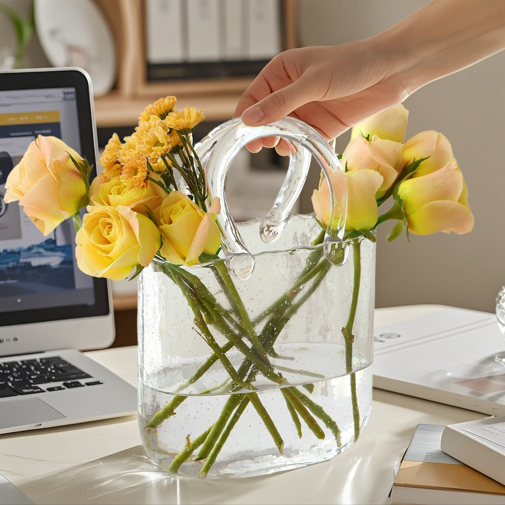 Clear Bubble Glass Purse Vase with Handbag Handles, 1- or 2-Piece Set and 10.4-Inch Height