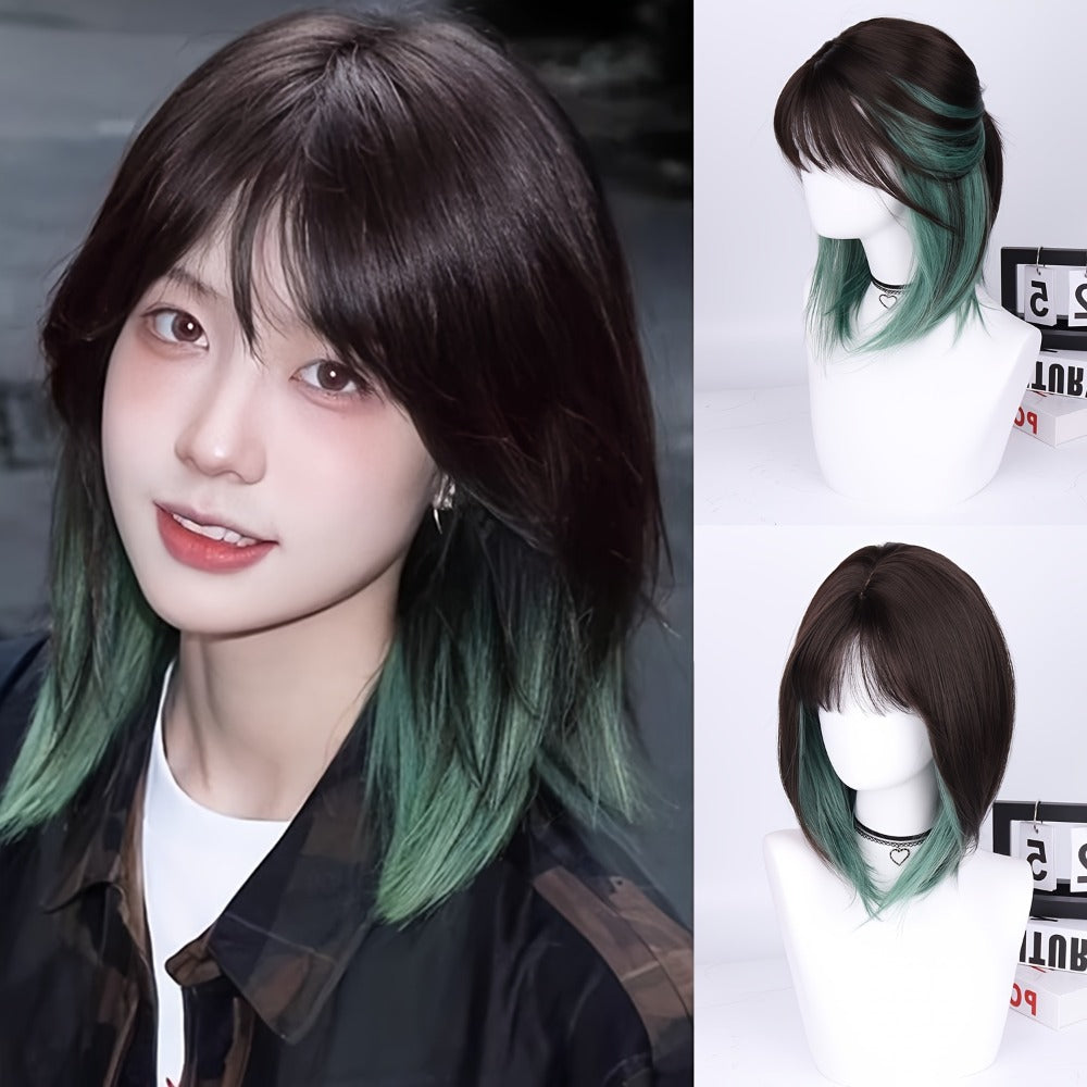 Synthetic Wig 16-Inch Straight Ombre Bob with Bangs, 150% Density and Rose Net Cap for Festivals