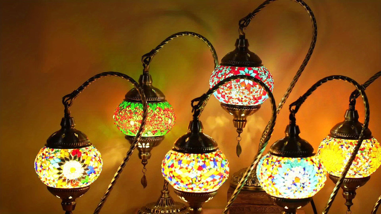 Mosaic Table Lamp Turkish Moroccan Style Handmade Swan Neck Glass Bedside Lamp 3 Color Modes LED Bulb Included Metal Base for Bedroom Living Room