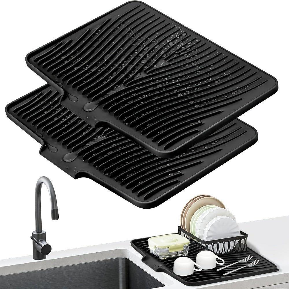 Kitchen Mat Set, 34.5x19-Inch Silicone Slope-Drain Drying Pads in Black or Gray, Single or 2-Piece Options
