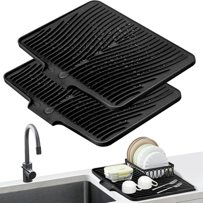 Kitchen Mat Set, 34.5x19-Inch Silicone Slope-Drain Drying Pads in Black or Gray, Single or 2-Piece Options