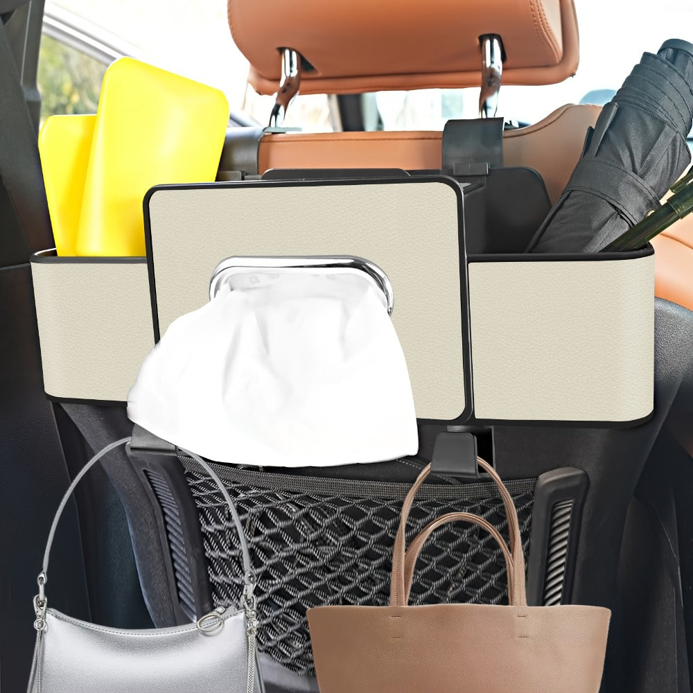 Car Backseat Organizer with Dual Cup Holders, Tissue Box & Hooks – Multi-Function Back Seat Storage for SUV, Sedan & Minivan | Brown, Orange, Black, Cream