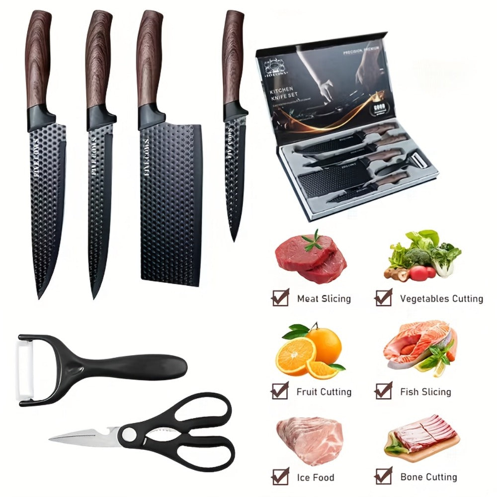 6-Piece Kitchen Knife Set – Chef's Knife, Slicing Knife, Scraper & Scissors | High Carbon Stainless Steel, Ergonomic Wooden Handle, Gift Box