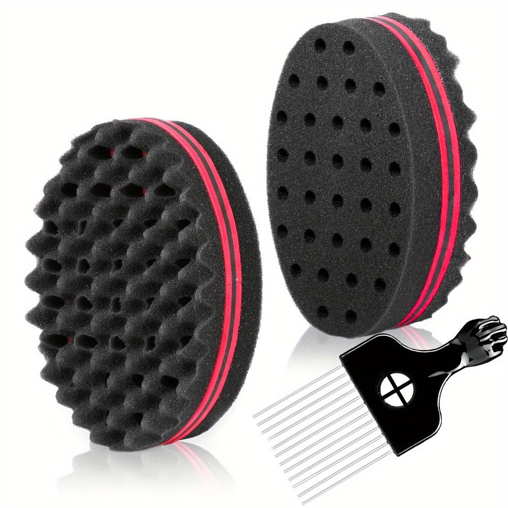 Twist Sponge Brush & Styling Comb Set for Curly Natural Black Hair — Afro Coil Definer with Metal Pick, Loc & Short Hair Grooming Tools for Men & Women
