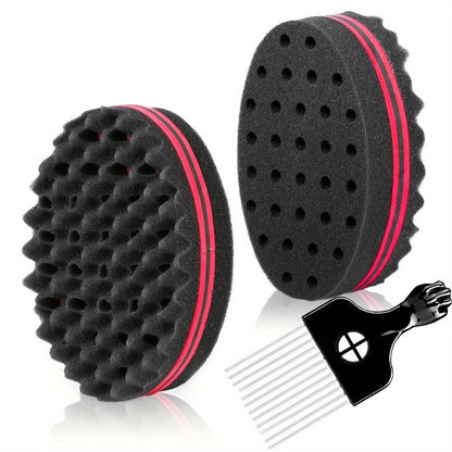 Twist Sponge Brush & Styling Comb Set for Curly Natural Black Hair — Afro Coil Definer with Metal Pick, Loc & Short Hair Grooming Tools for Men & Women