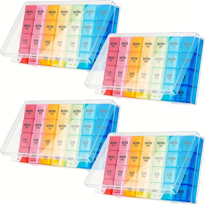Four-Pack Weekly Pill Organizer Set with Seven Days, Four Daily Compartments and Rainbow Labels