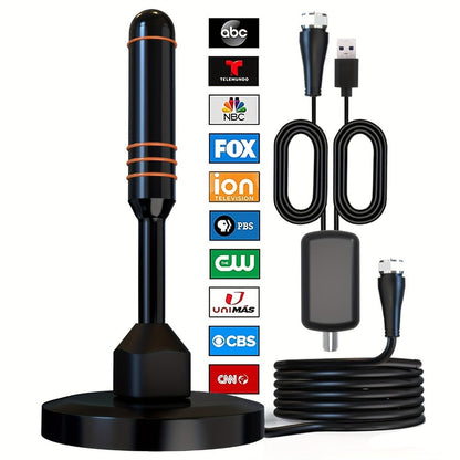 TV Antenna with 5.12-Inch Vertical Receiver, Separate Signal Amplifier, Coaxial Lead and Round Base