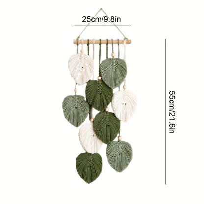 Green Leaf Macrame-Style Wall Hanging with Wooden Dowel, Beaded Cord and 21.6-Inch Listed Length