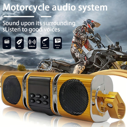 Motorcycle Bluetooth Speaker Sound Bar with Built-in Amplifier – IPX5 Waterproof, FM Radio, USB & AUX Input, 12V Metal MP3 Player for Handlebar, ATV, Scooter & Off-Road Bike