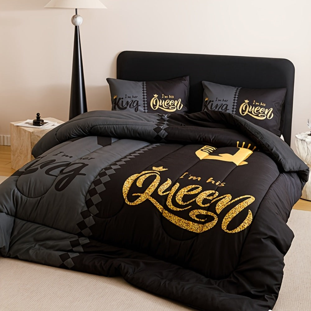 King and Queen Crown Print Comforter Set in Black or Red with Twin, Full, Queen and King Sizes