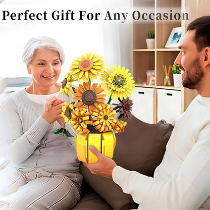 Sunflower Bouquet Building Blocks Set with 1009-Piece Checkout Label, Adjustable Petals and Yellow Vase Display