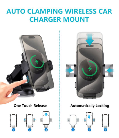 4-Color Wireless Car Charger Mount 15W Qi Auto-Clamping – Fast Wireless Charging Phone Holder for iPhone 17 16 15 14 13 12 11 Pro Max, Samsung Galaxy S24 S23 S22 S21 & All Qi Phones | Black Blue Red Gold