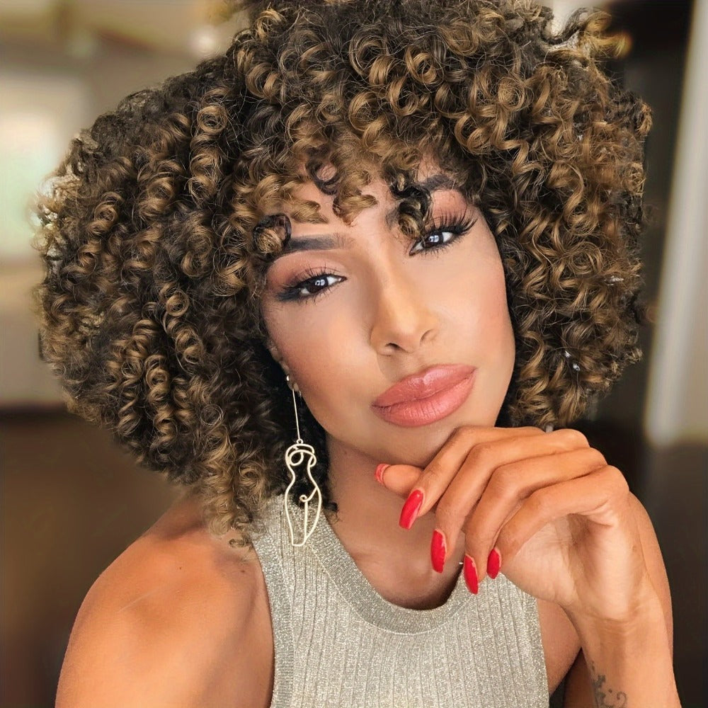 Afro Kinky Curly Wig for Black Women Short Synthetic Hair with Bangs 180% High Density Natural Fluffy Curls Stretch Cap Daily Wear Party Cosplay Fits All Head Sizes