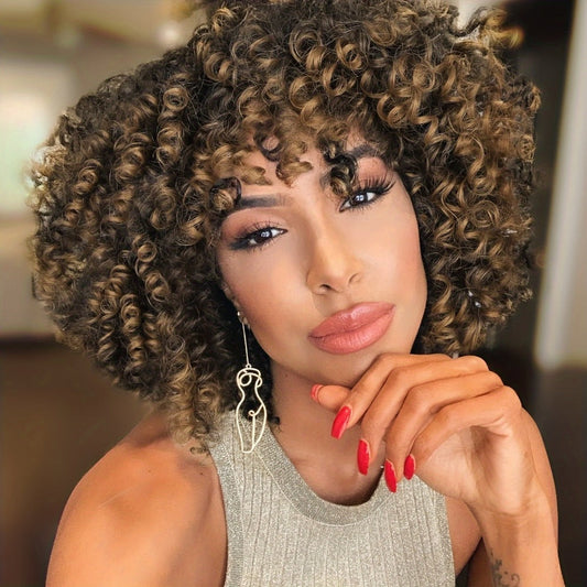 Synthetic Wig 14-Inch Kinky Curly Afro with Bangs, 180% Density and Stretch Net Cap for Daily Style