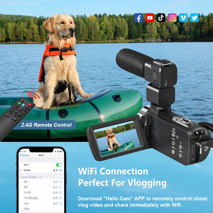 5K Vlogging Camera Camcorder 64MP WiFi for YouTube with IR Night Vision 18X Zoom 3 Inch Touch Screen Webcam External Microphone Remote Control 2 Batteries Loop Recording
