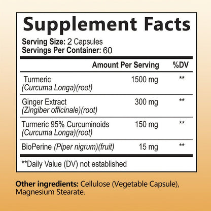 Herbal Supplements with Fearathe Label, Turmeric Ginger and Black Pepper Capsules, 120 Count