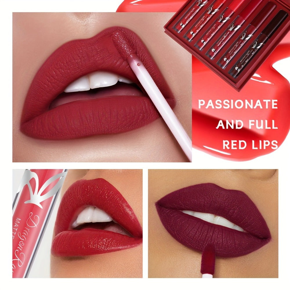 Red Lip Glaze Gift Set 6pcs in Elegant Box — Long-Lasting Smudge-Proof Glazed Finish, Smooth Paste Formula, All-Day Wear Versatile Lip Color for Beginners & Beauty Lovers, Holiday Birthday Gift