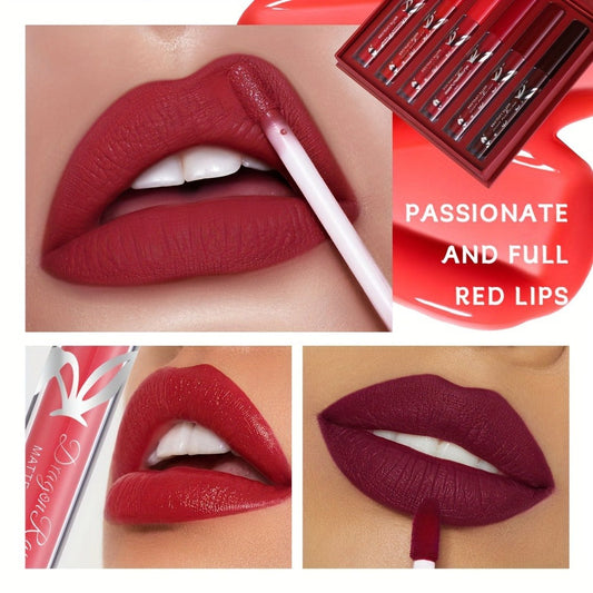 Red Lip Glaze Gift Set 6pcs in Elegant Box — Long-Lasting Smudge-Proof Glazed Finish, Smooth Paste Formula, All-Day Wear Versatile Lip Color for Beginners & Beauty Lovers, Holiday Birthday Gift