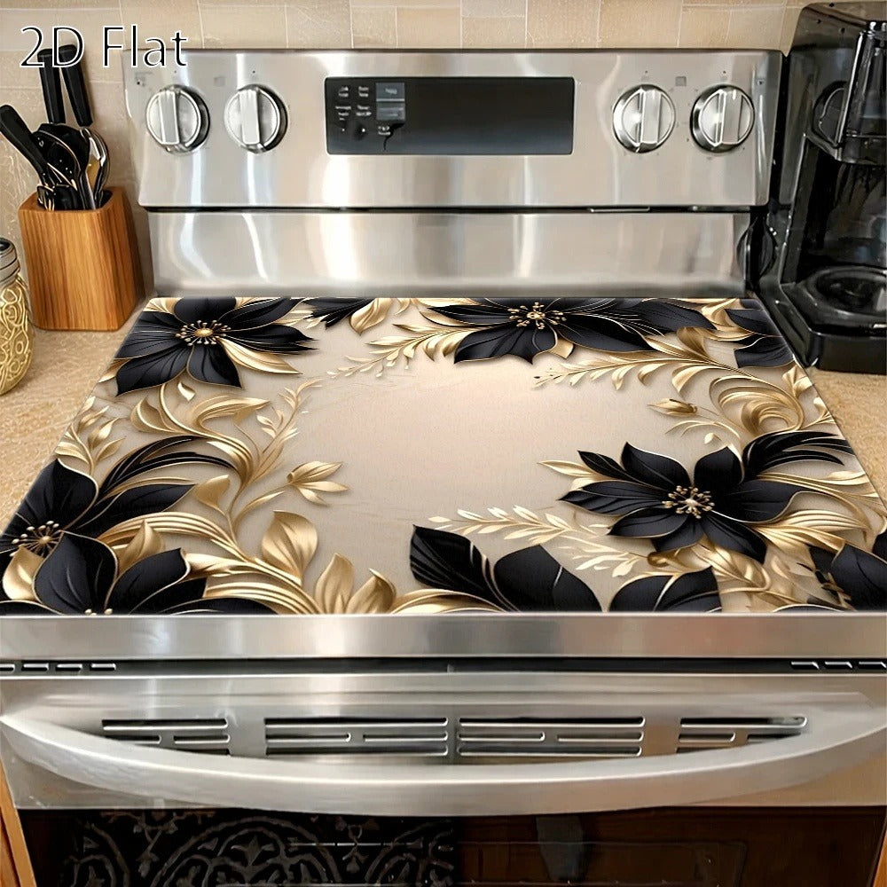 Black and Gold Floral Stove Protector Mat, 28.35 x 20.47 Inches with Beige Decorative Background