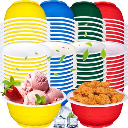 Striped 13-Ounce Disposable Plastic Serving Bowls with Side Handles, 120-Piece Red, Yellow or Green Packs