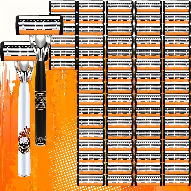 Men's Razor 6-Layer Blade 72 Replaceable Blades 2 Anti-Slip Handles – Ultra-Sharp Cartridge Shaver for Close Smooth Shave Face Beard Body Daily Travel Business Trip Grooming Gift Set for Men