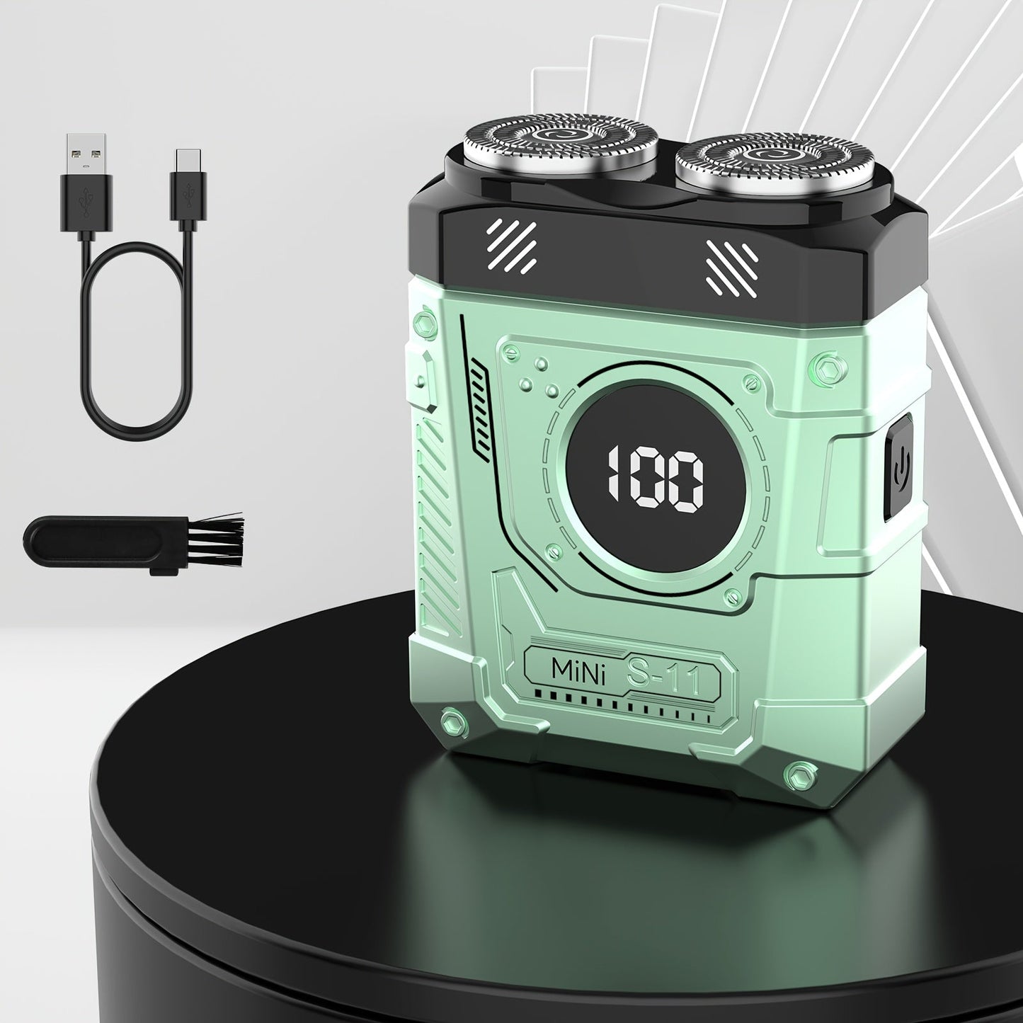 Compact Mecha-Green Dual-Rotary Electric Shaver with Front Battery Display and USB Cable Pictured