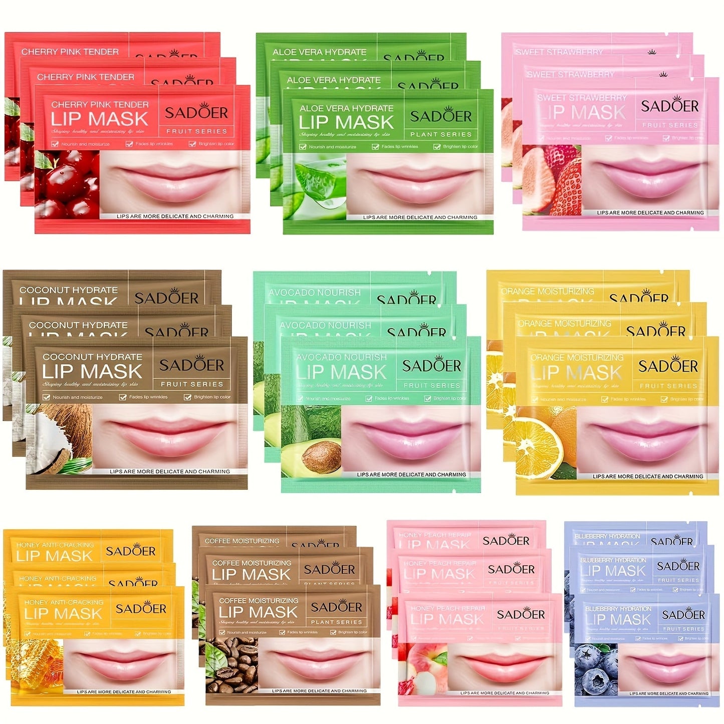 Thirty Individually Wrapped SADOER Lip Mask Sachets with 8g*30pcs Checkout Label and Assorted Graphics
