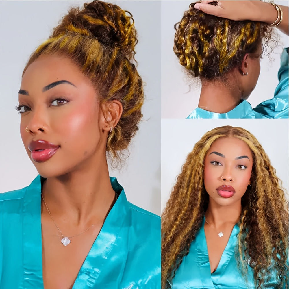 HD Lace Front Wig Honey Blonde Deep Wave 28 Inch – 200% Density P4/27 Ombre Highlight Long Curly Wavy, Pre Plucked Glueless Ready to Wear Synthetic Wig for Women, Party & Daily Use