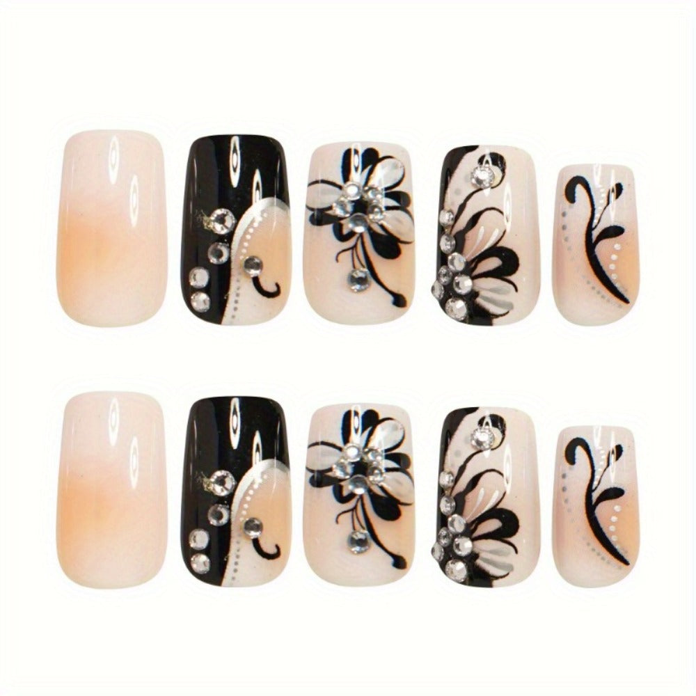 Matte Press On Nails 48 Pieces Black White Square – French Tip Butterfly Pattern Full Cover Detachable False Nails for Women | Elegant Nail Art Gift Set for Valentines Day Holiday Party Wedding